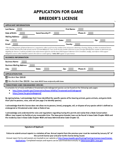 breeders license application for game template