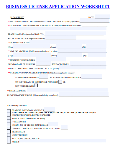 business license application worksheet template