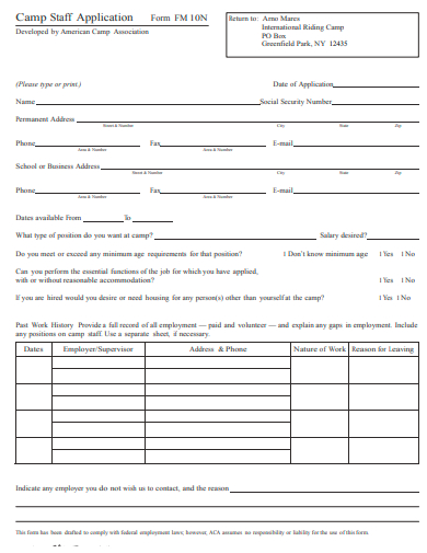 camp staff application form template