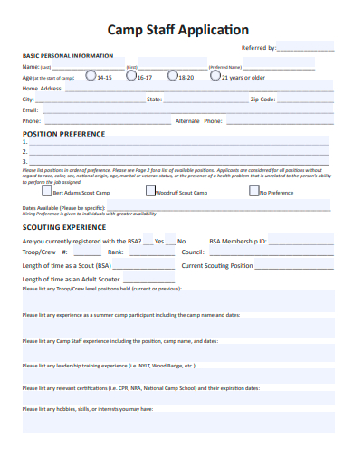 camp staff application template