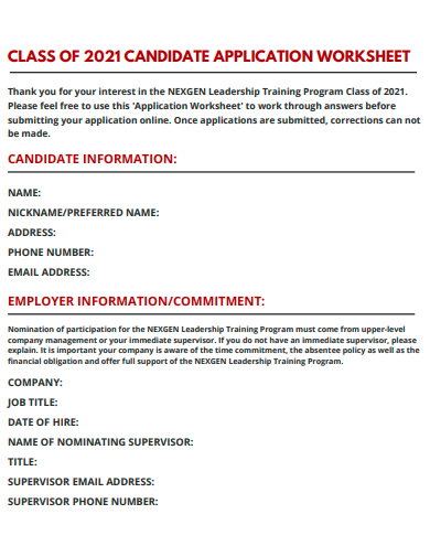 candidate application worksheet template