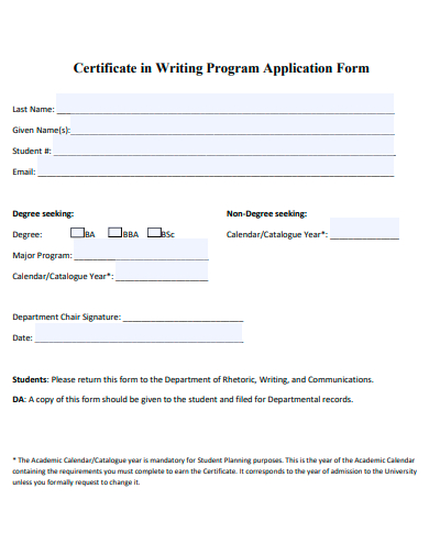 certificate in writing program application form template