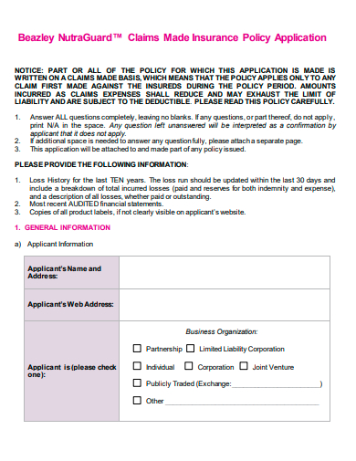 claims insurance policy application template