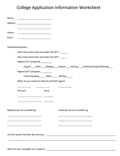 college application information worksheet template