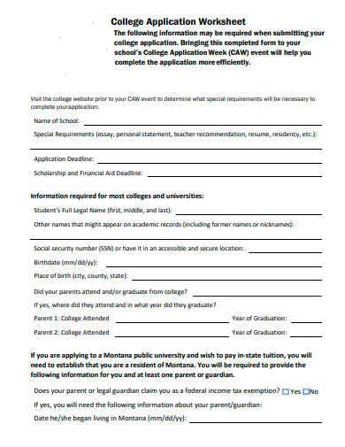 college application worksheet template