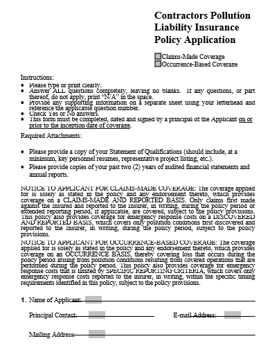 contractors pollution liability insurance policy application template