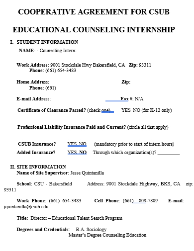 cooperative agreement for educational counseling internship template