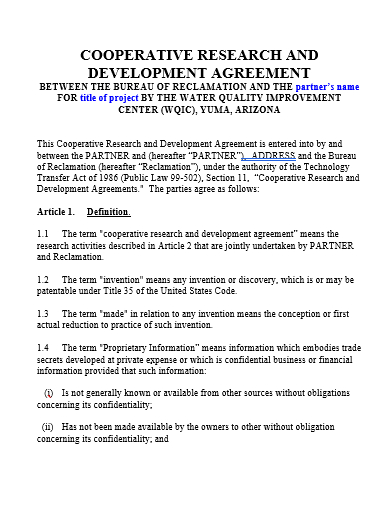 cooperative research and development agreement template
