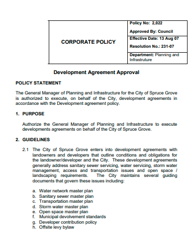 corporate policy development agreement approval template