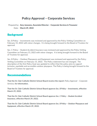 corporate services policy approval template