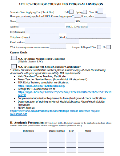 counseling program admission application template