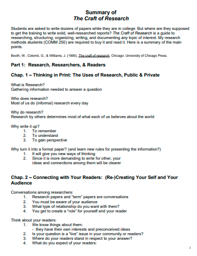 craft of research summary template