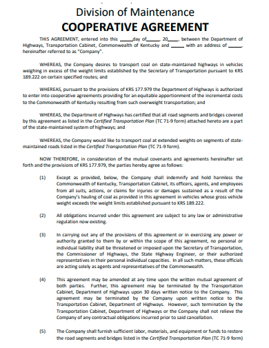 division of maintenance cooperative agreement template