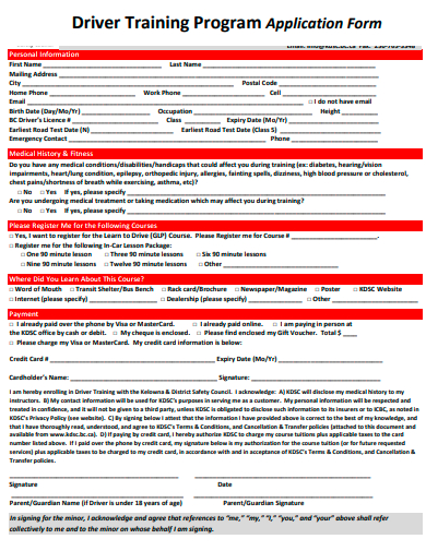 driver training program application form template