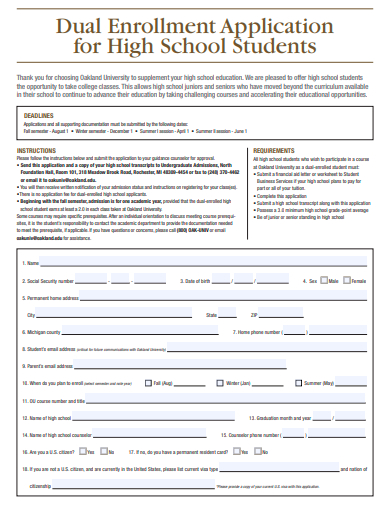 dual enrollment application for high school students template