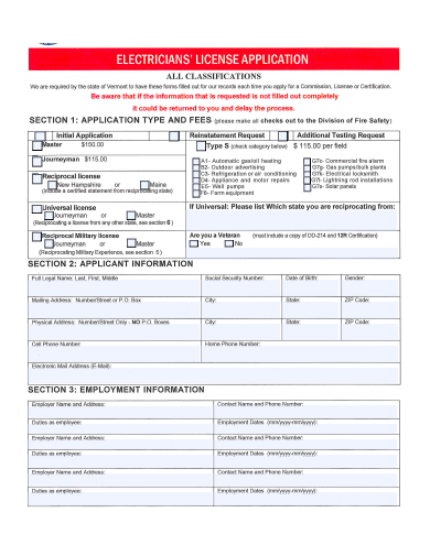 electricians license application template