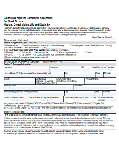 employee enrollment application for small groups template