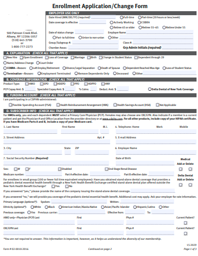enrollment application change form template