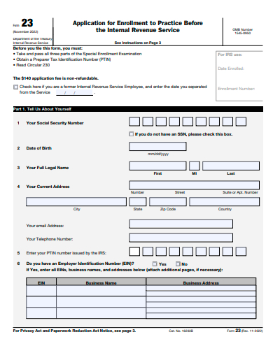 enrollment to practice before internal revenue service application template