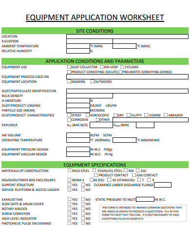 equipment application worksheet template
