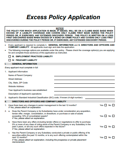 excess policy application template