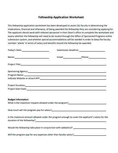 fellowship application worksheet template