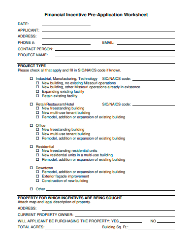 financial incentive pre application worksheet template