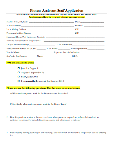 fitness assistant staff application template
