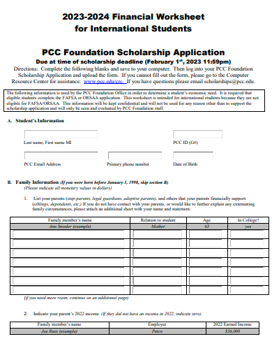 foundation scholarship application financial worksheet template