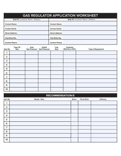 gas regulator application worksheet template