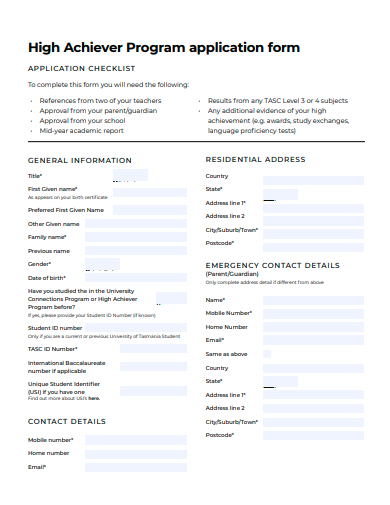 high achiever program application form template