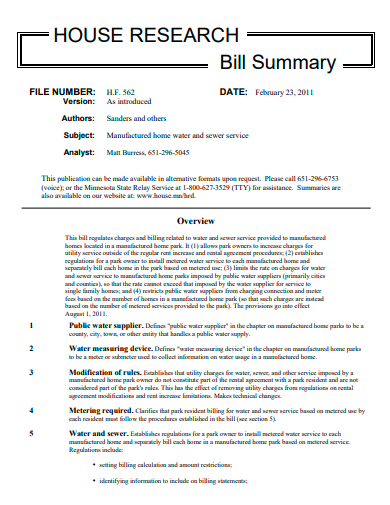 house research bill summary template