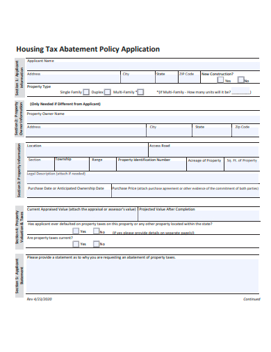 housing tax abatement policy application template