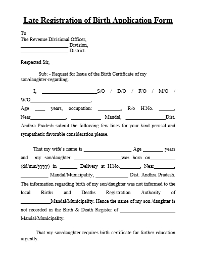 late registration of birth application form template