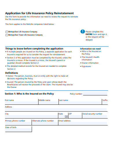 life insurance policy reinstatement application template