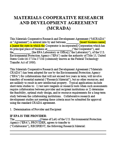 materials cooperative research and development agreement template