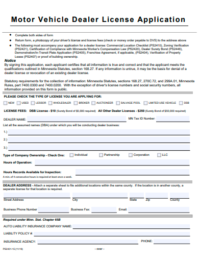 motor vehicle dealer license application template