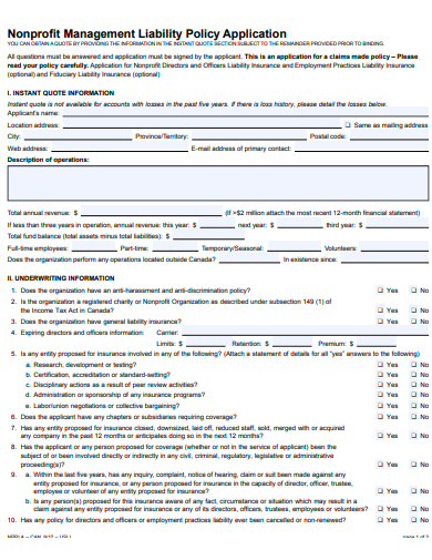 nonprofit management liability policy application template