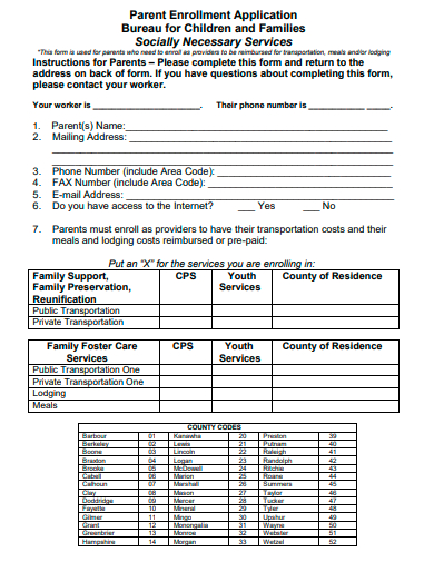parent enrollment application template