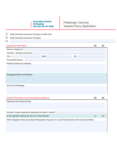 passenger carrying vessels policy application template