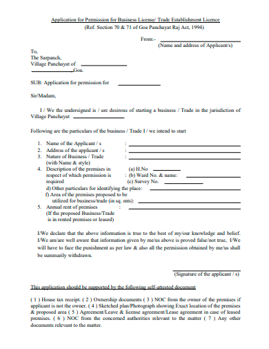permission for business license application template