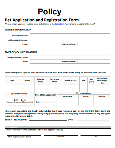 pet policy application and registration form template