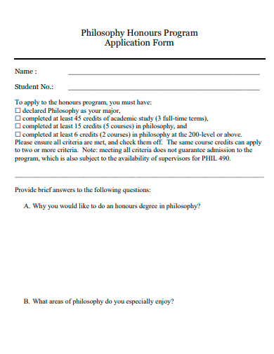 philosophy honours program application form template