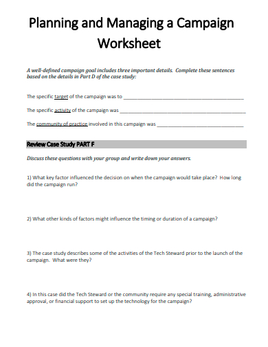 planning and managing a campaign worksheet template