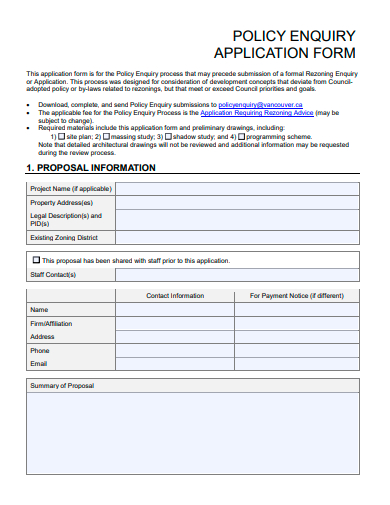 policy enquiry application form template