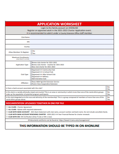 printable application worksheet template