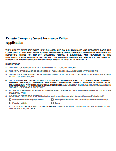 private company select insurance policy application template