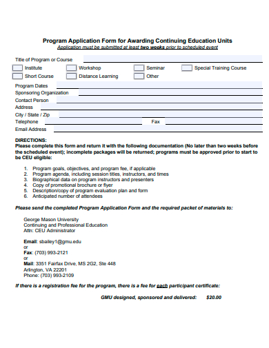 program application form for awarding continuing education units template