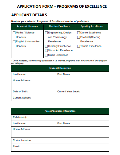 program of excellence application form template