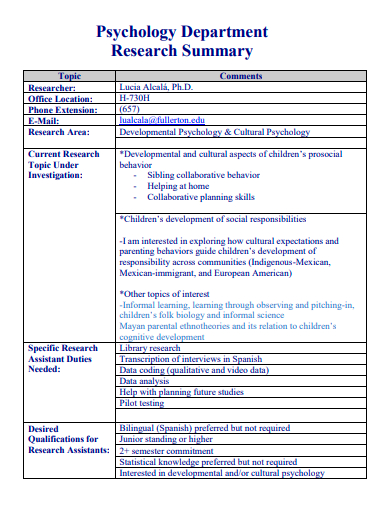 psychology department research summary template